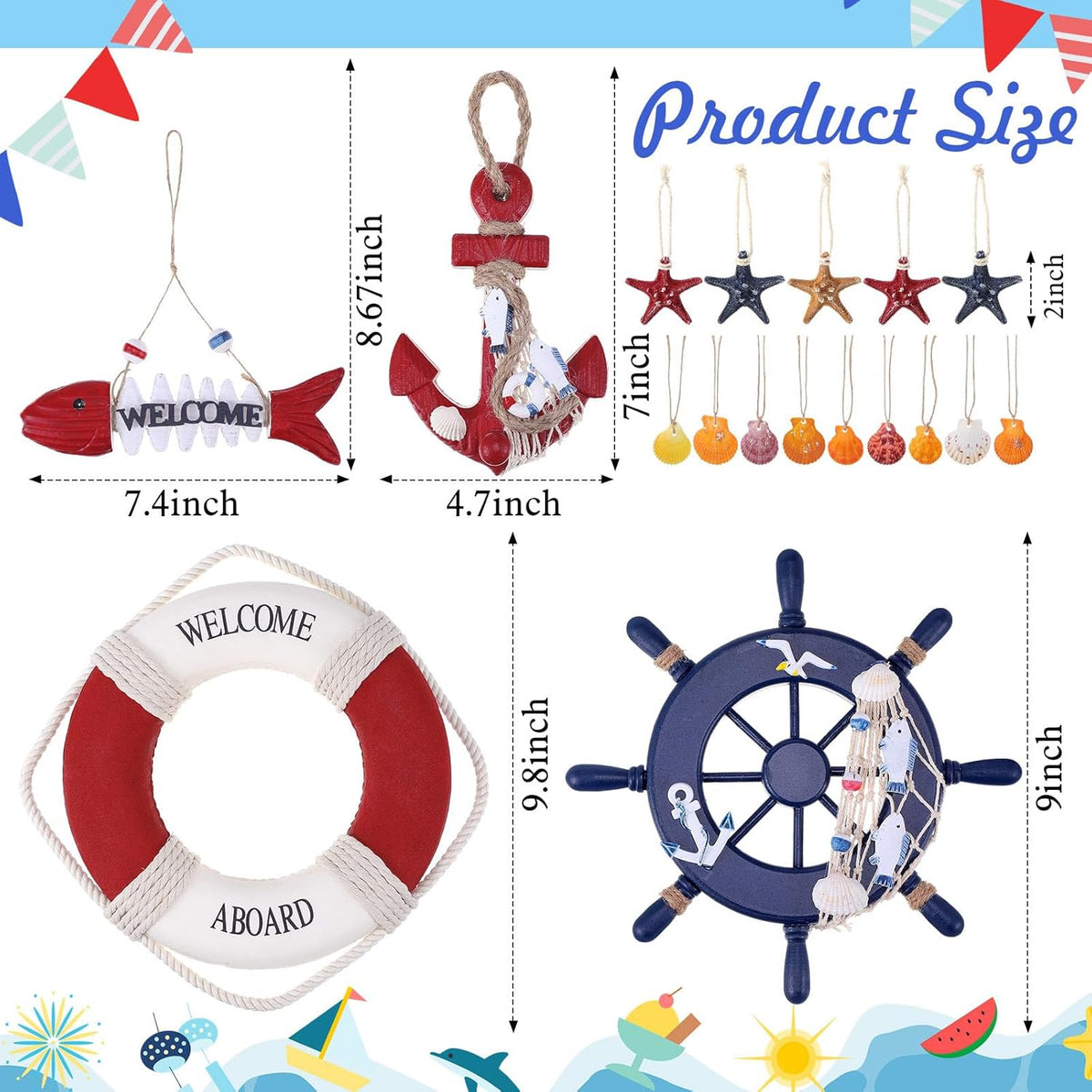 Marsui 11 Pcs Wooden Nautical Wall Decor Fishing Net Decoration, Include Decorative Fishing Net