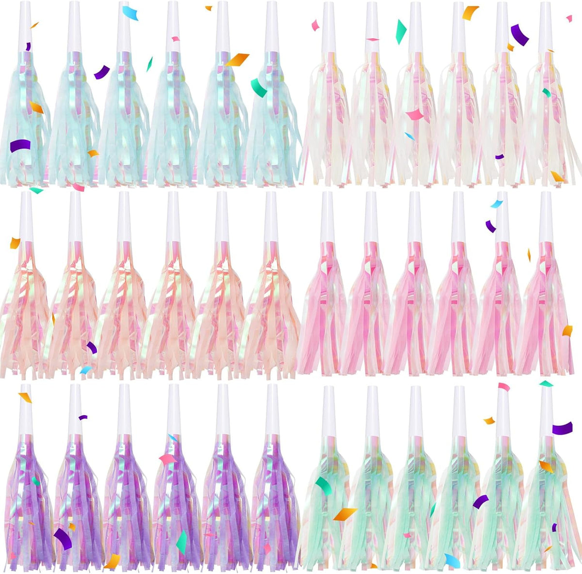 72 pcs Party Blowers, Noise Makers Glitter Metallic Fringed Party Horns for Birthday Blow Horns