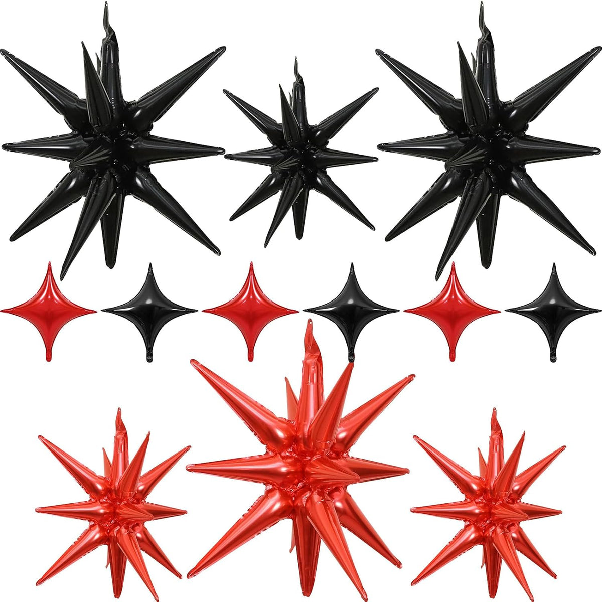 Black Red Star Balloons 12pcs, 27/22 Inch Foil Star Explosion Balloons, Large Spike Mylar Cone