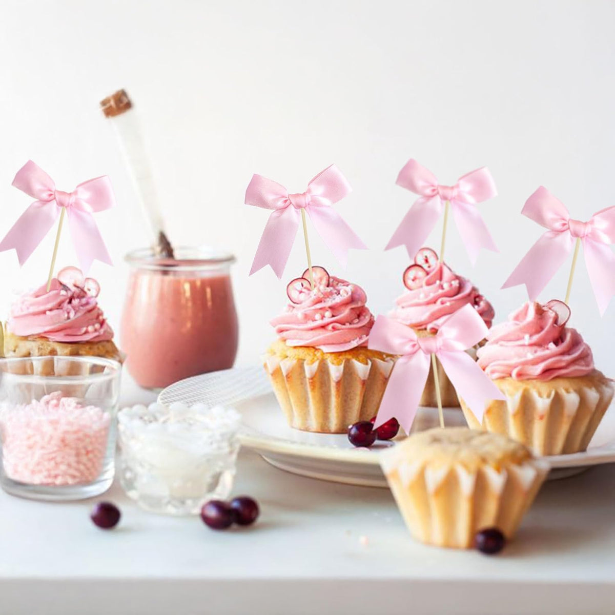 Ephlyn 24Pcs Pink Bow Cupcake Toppers Bow Cake Topper Birthday Decorations Mini Bowknot Cupcake