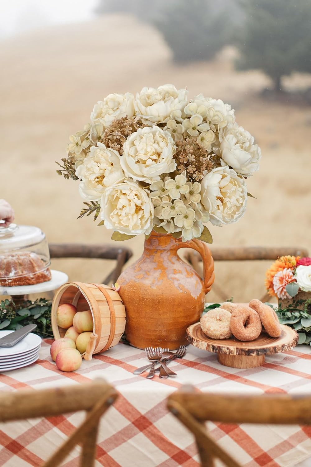 Hollyone 2Pcs Artificial Fall Flowers Bouquet 18.8" White Dried Peony Hydrangea Fake Fall Floral