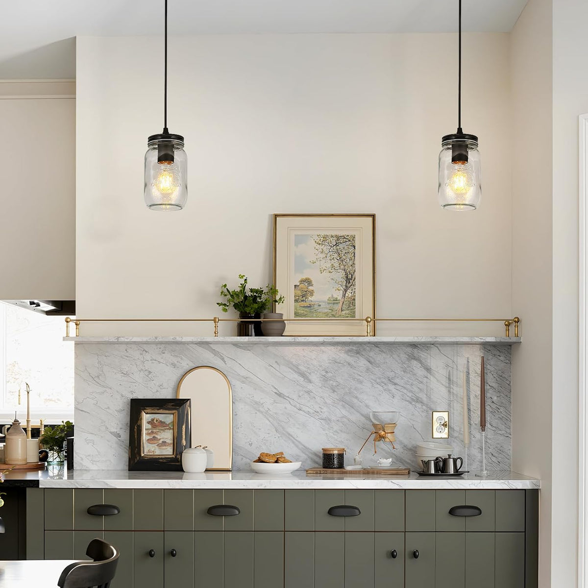 Black Pendant Lights, 2 Pack Clear Glass Pendant Lights Kitchen Island, Farmhouse Mason Jar Pendant
