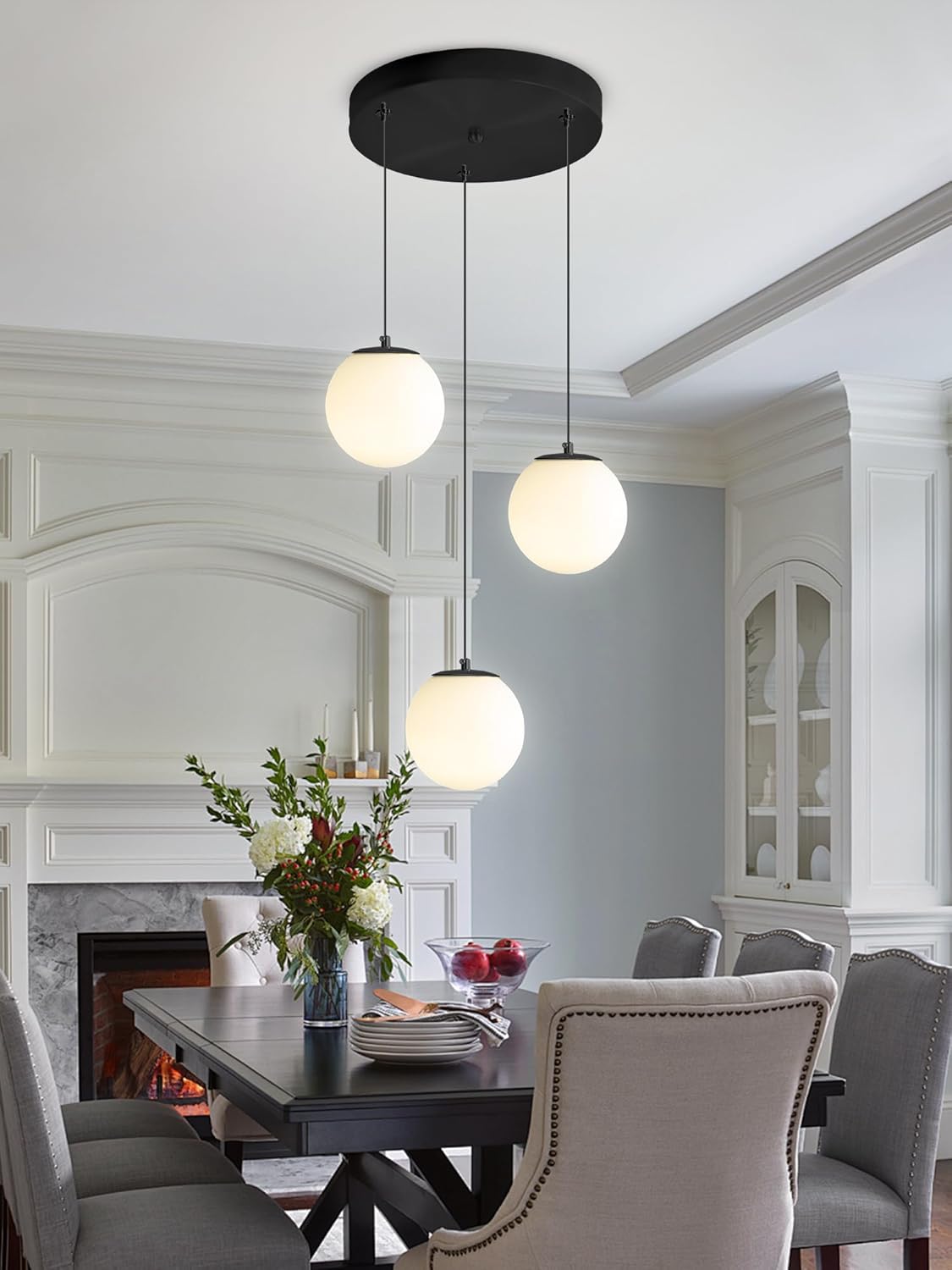 3-Lights Globe Glass Pendant Light Modern White Globe Glass Chandelier Mid Century Chandelier Black