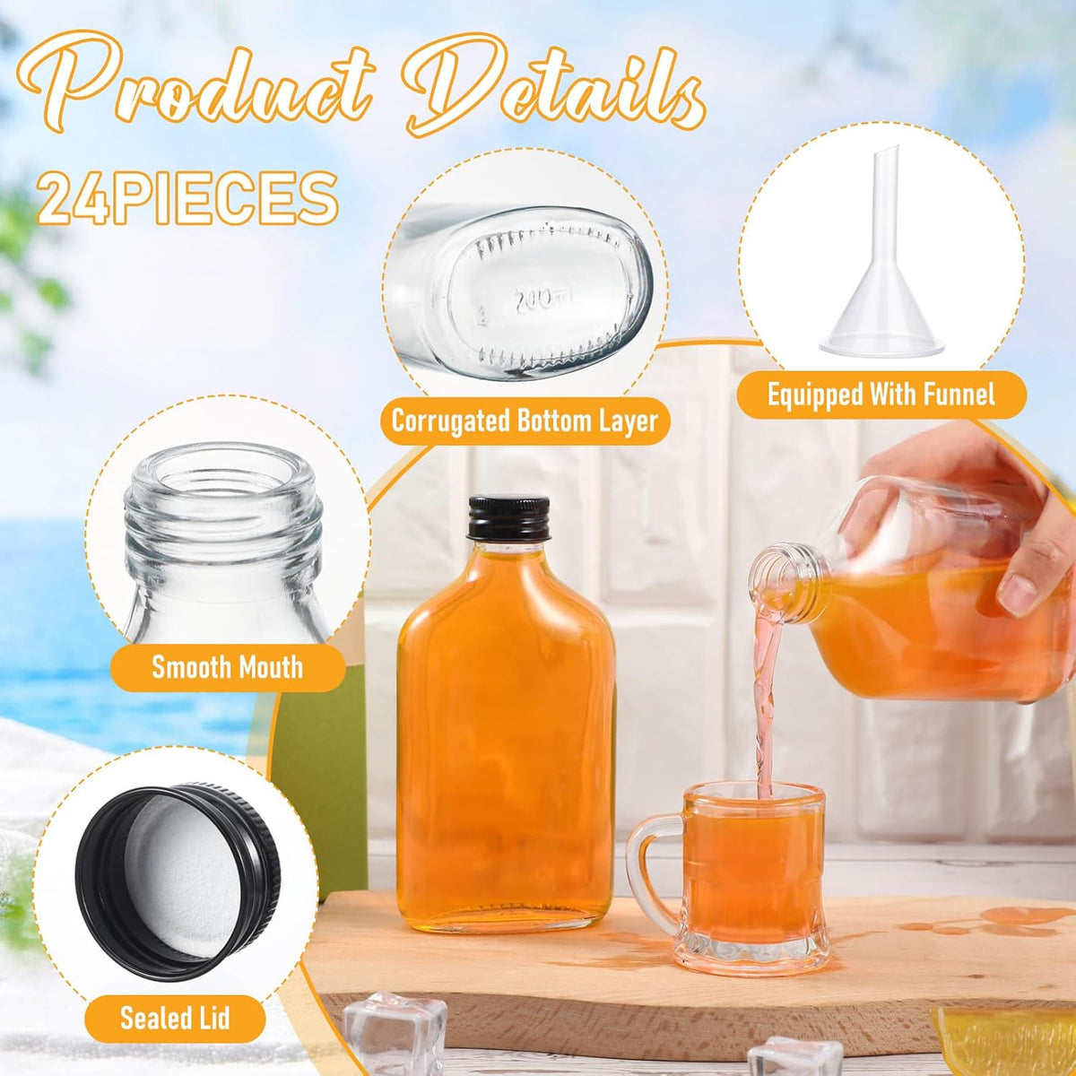 Gejoy 24 Pcs Mini Liquor Bottles Reusable Glass Flask Bottles with Black Caps Clear Empty Alcohol