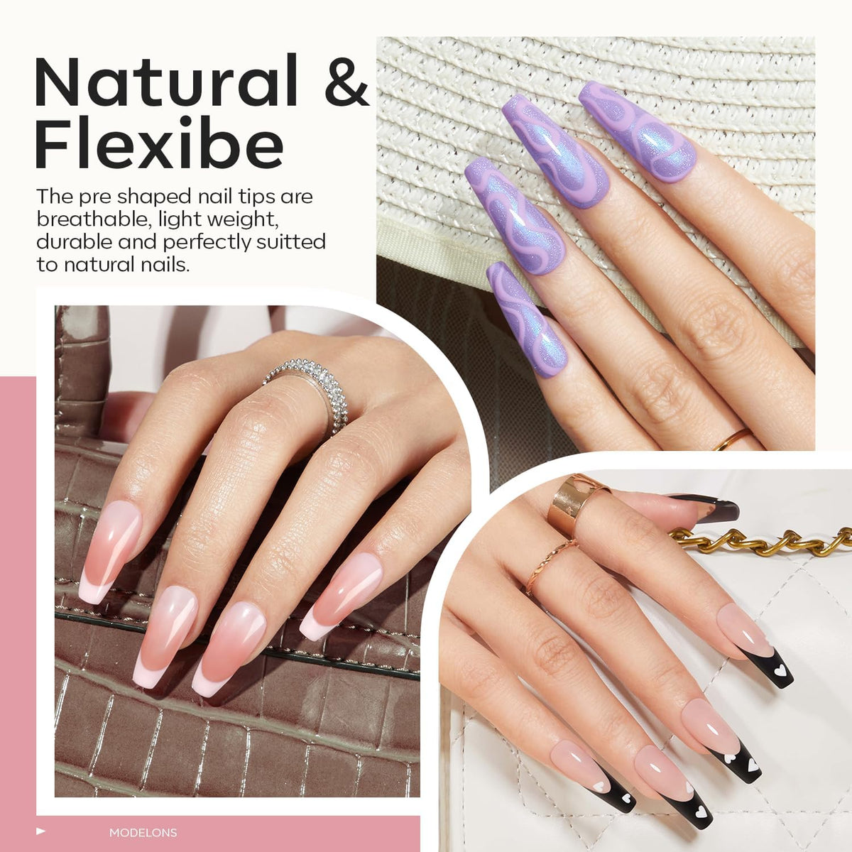 modelones Long Coffin Gel Nail Tips Kit, 9-in-One Nail Glue with Portable U V Lamp 216Pcs 12Sizes