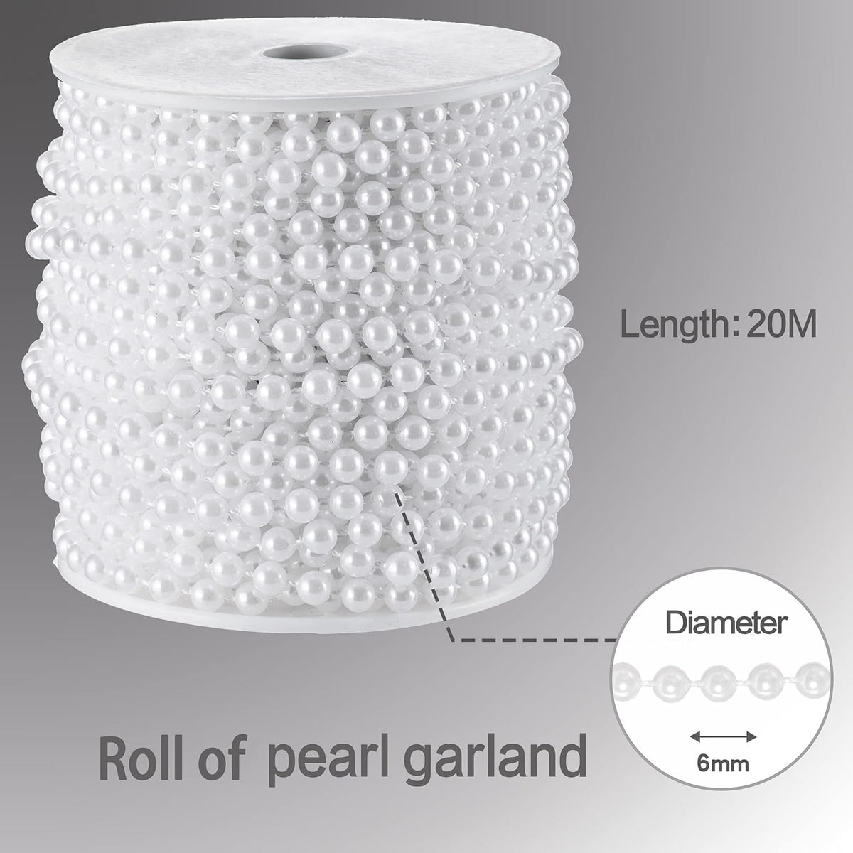 Craft String Pearls 6MM Pearl Bead, 66 Feet White Faux Pearl Garland Spool Roll Strand Wedding