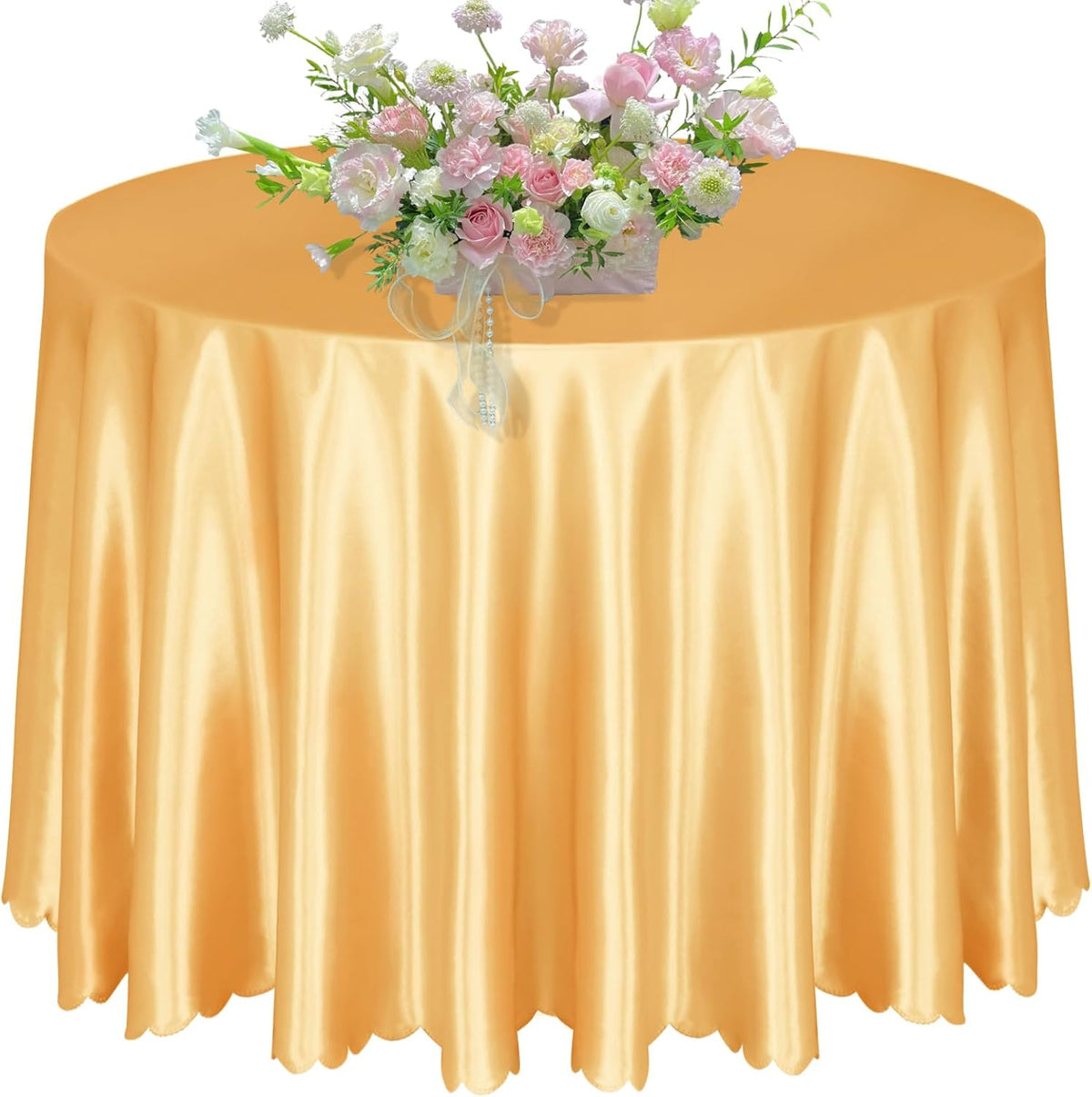KKJIAF 1 Pack 108 Inch Round Table Cloth, Gold Overlay Round Satin Table Cover, Silky Satin Dining