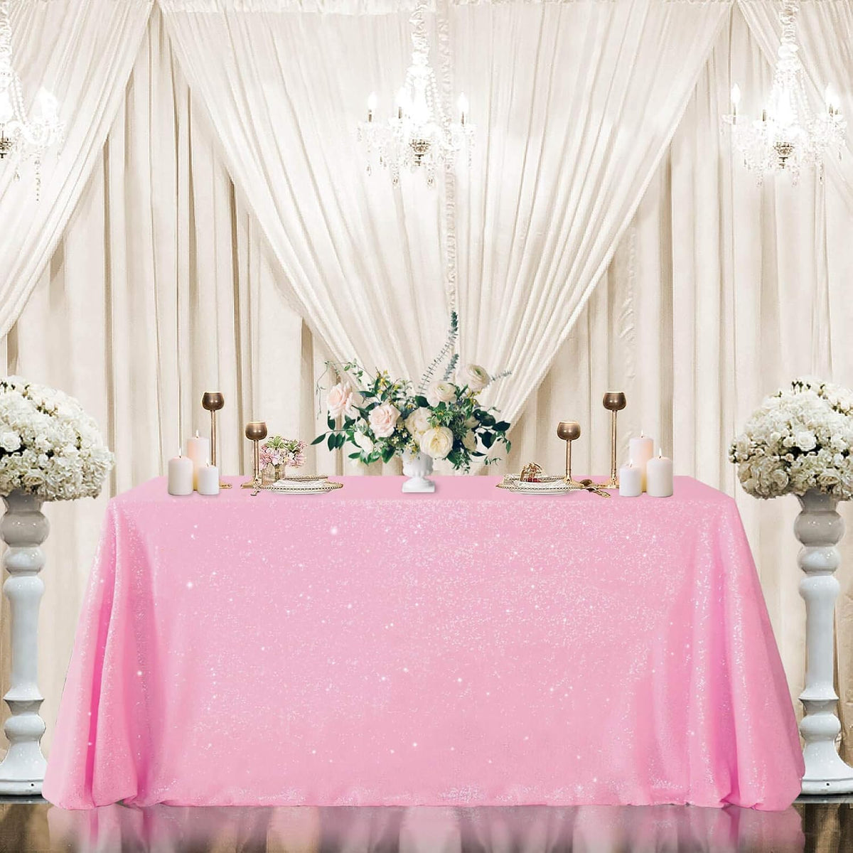 QueenDream Sparkly Sequin Tablecloth - Pink Table Cloth 50x80 Inches Rectangle Table Overlay Fabric