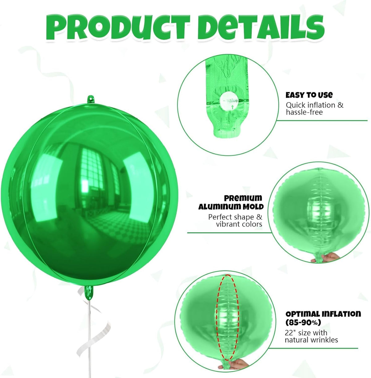 Green Foil Balloons, 6 Pcs Large Green Metallic Round Balloons, 22 Inch Big Round Foil Balloon for