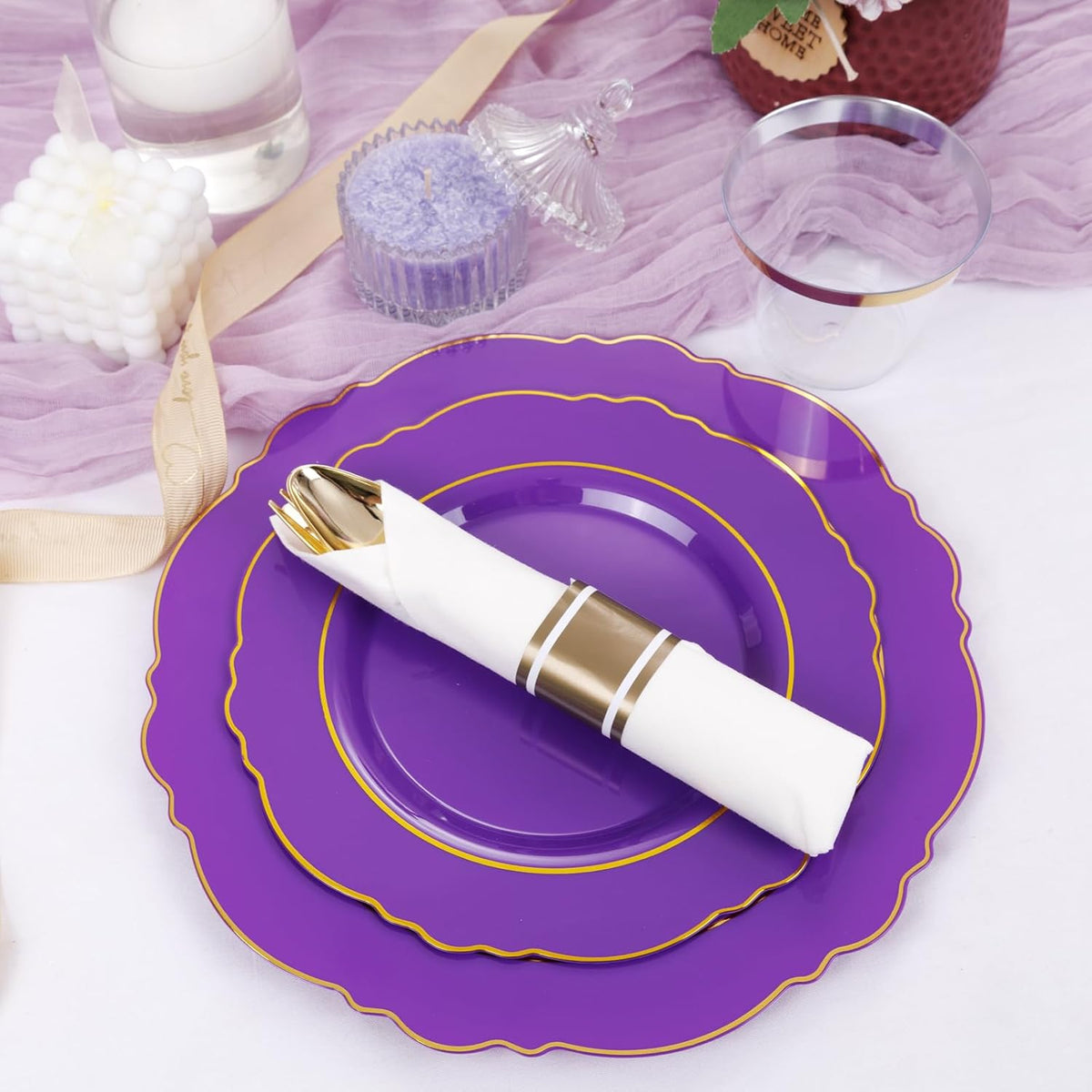 Liacere 350PCS Purple Plastic Plates-Disposable Purple and Gold Plates 50 guest Baroque Plastic