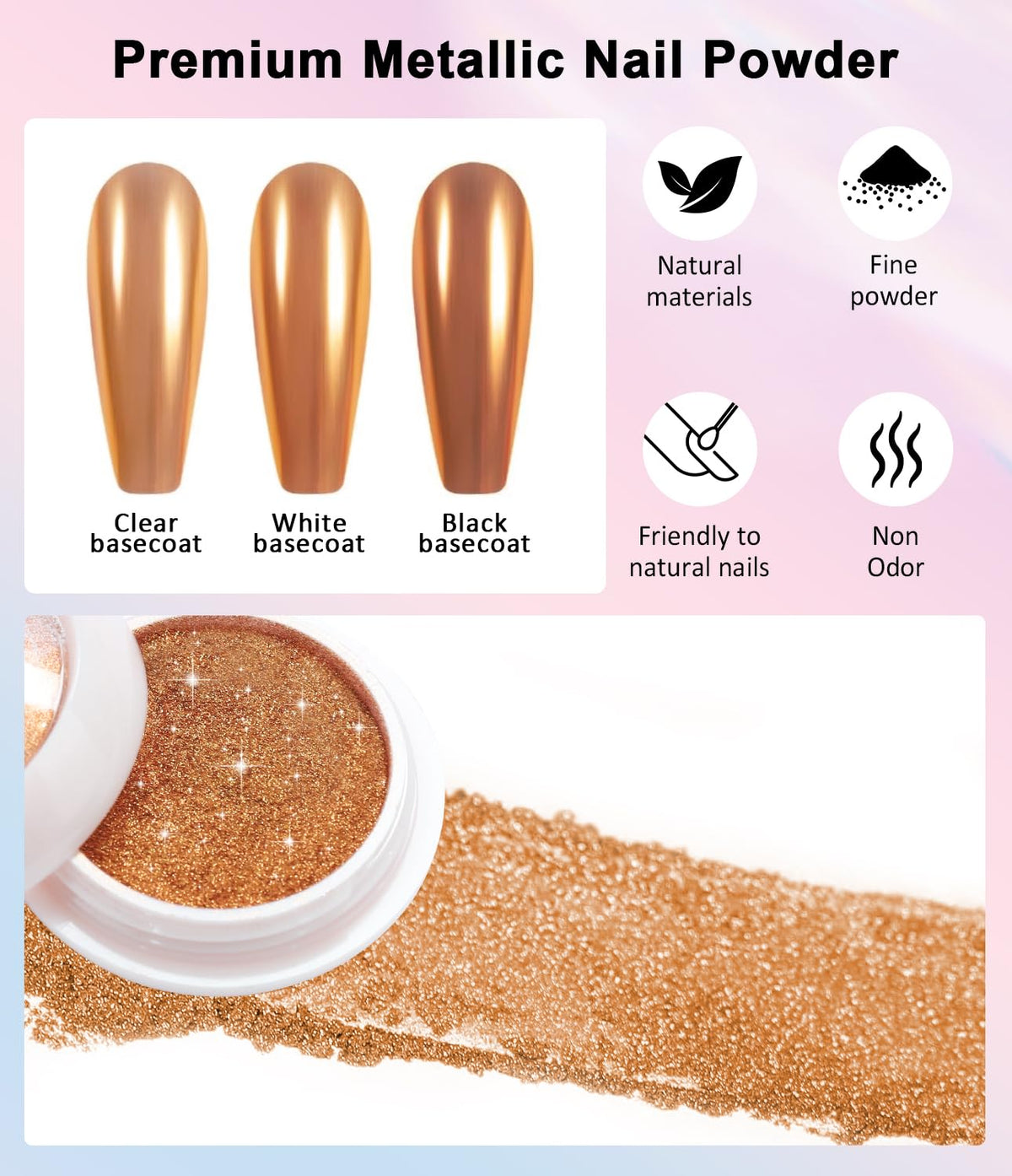 2 PCS Chrome Nail Powder：Mirror Effect Copper Chrome Nail Powder,Metallic Mirror Orange Chrome Nail