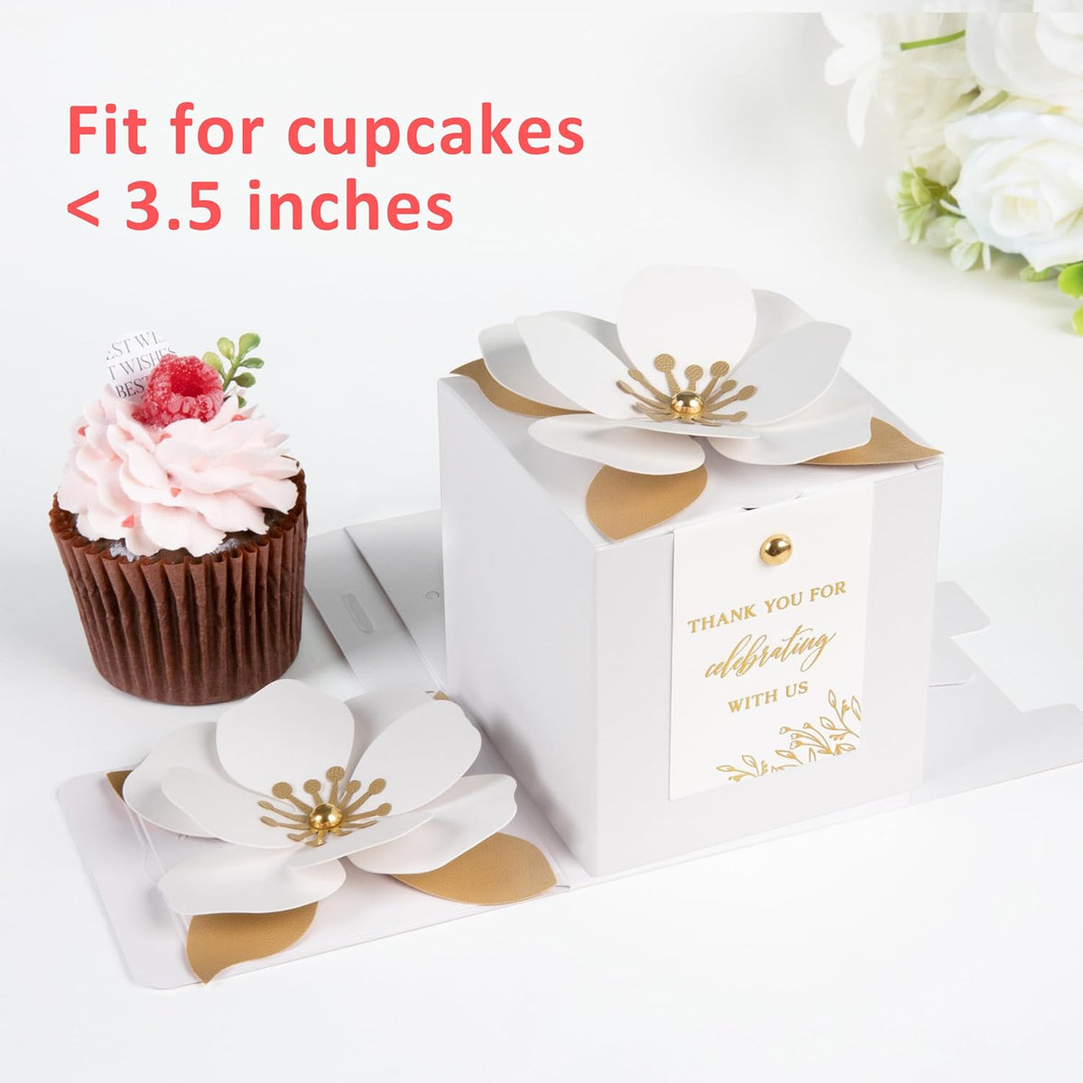 FEIYI 20 PCS White Gift Boxes, 3 In 1 Favor Boxes with Floral Decor, White Thank You Tags Cupcake