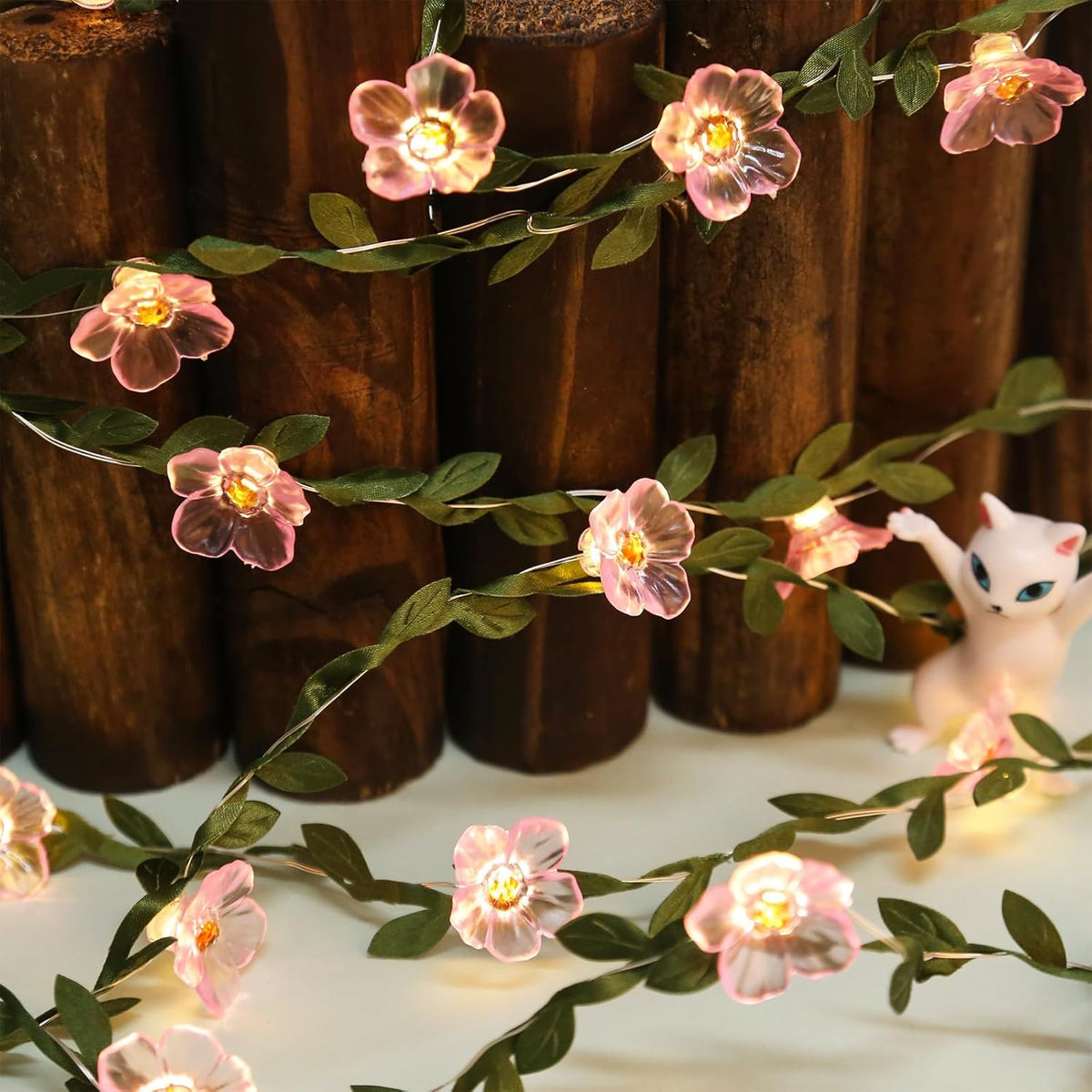Decorative Fairy Vine Flower String Lights With Leaf, USB Plug In 16.5ft 50 LED Pink Cherry Blossom