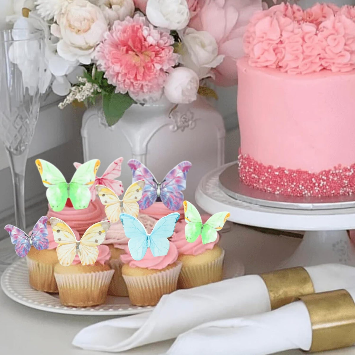 Ephlyn 40Pcs Edible Butterfly Cupcake Toppers 3D Butterfly Cake Picks Mixed Color Cake Decorations