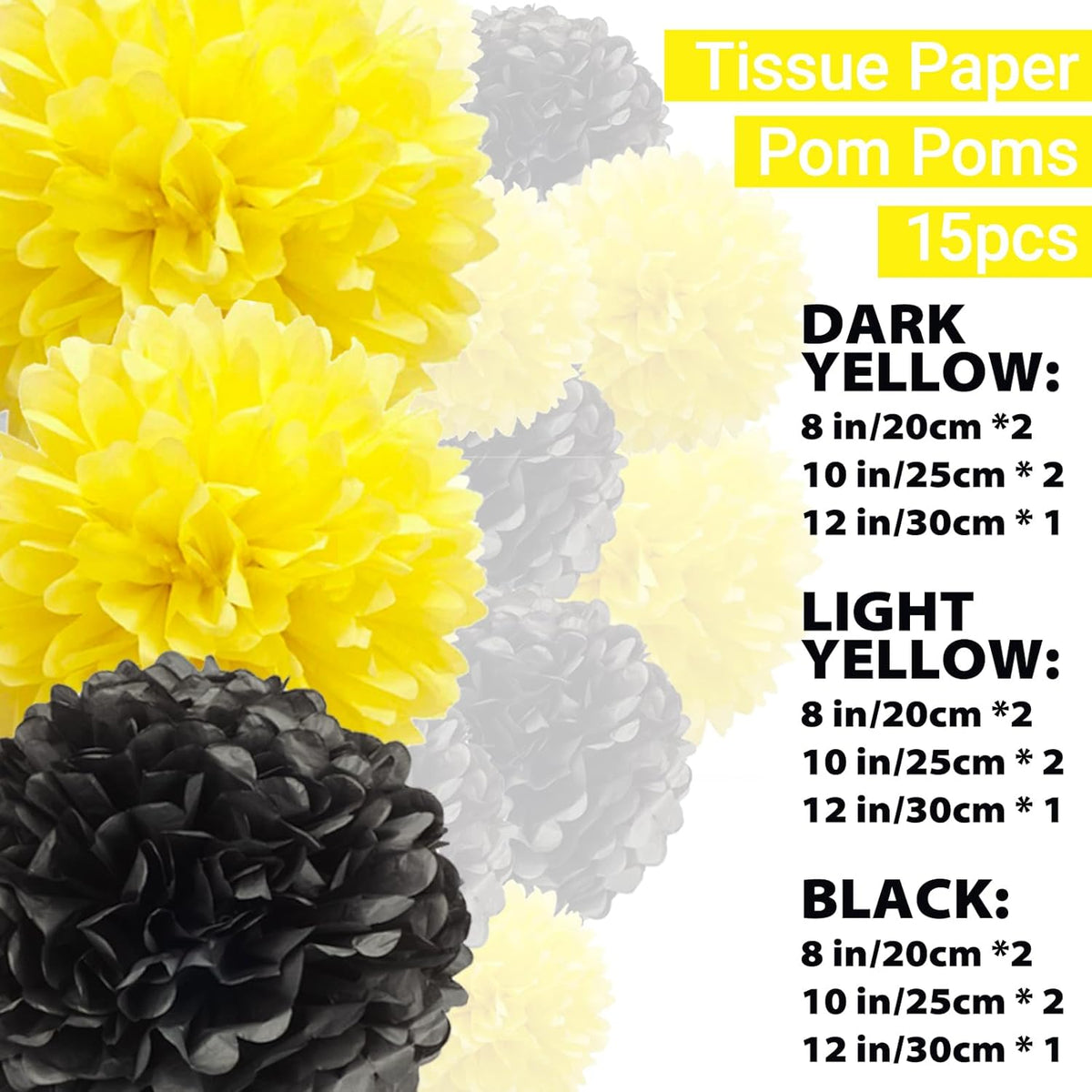 Capesaro Black and Yellow Tissue Paper Pom Poms, 15PCS Tissue Paper Flowers for Birthday Party