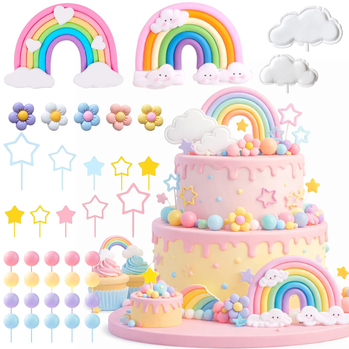 39 Pcs Rainbow Cake Topper with Pastel Balls and Daisy Flowers