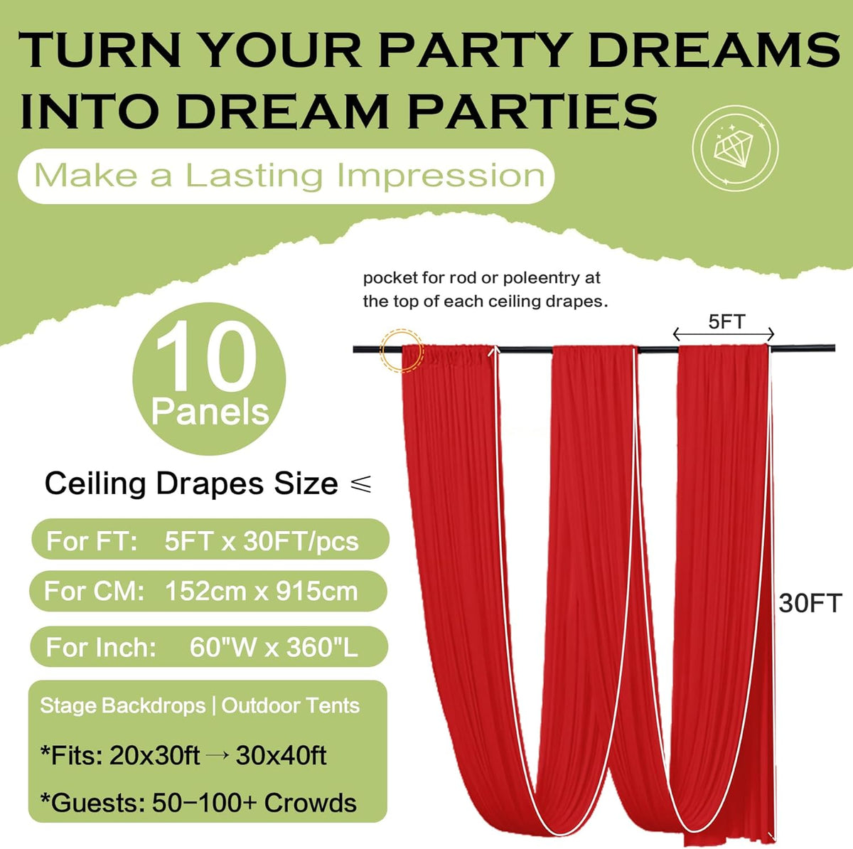 PartyVillage 10 Panels 5ftx30ft Red Ceiling Drapes for Wedding Parties – 30 FT Extra Long Thick