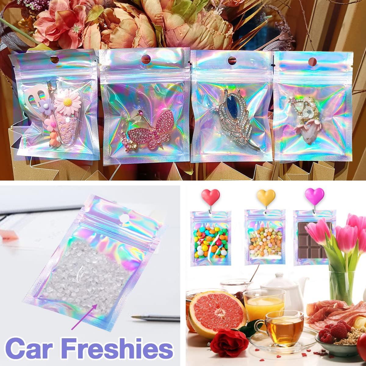 Resealable Foil Pouch Bag [100 PCS ] Great for Party Favor Food Storage (Holographic Color, 3 x 4