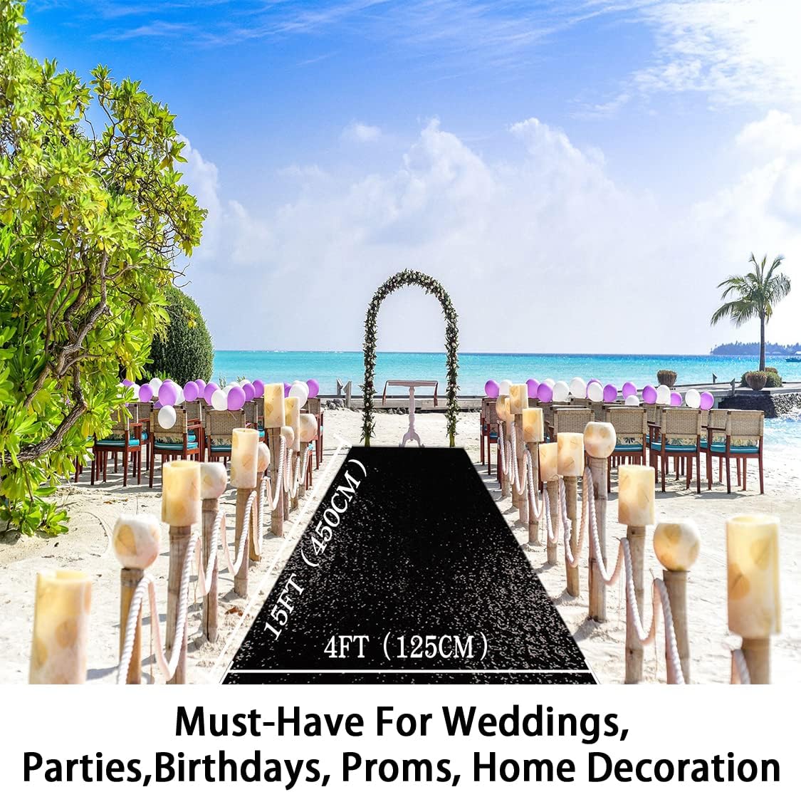 ShinyBeauty 4FT x 15FT Black Aisle Runner Tape | Shimmer Fabric Wedding Floor Runners with Glitter