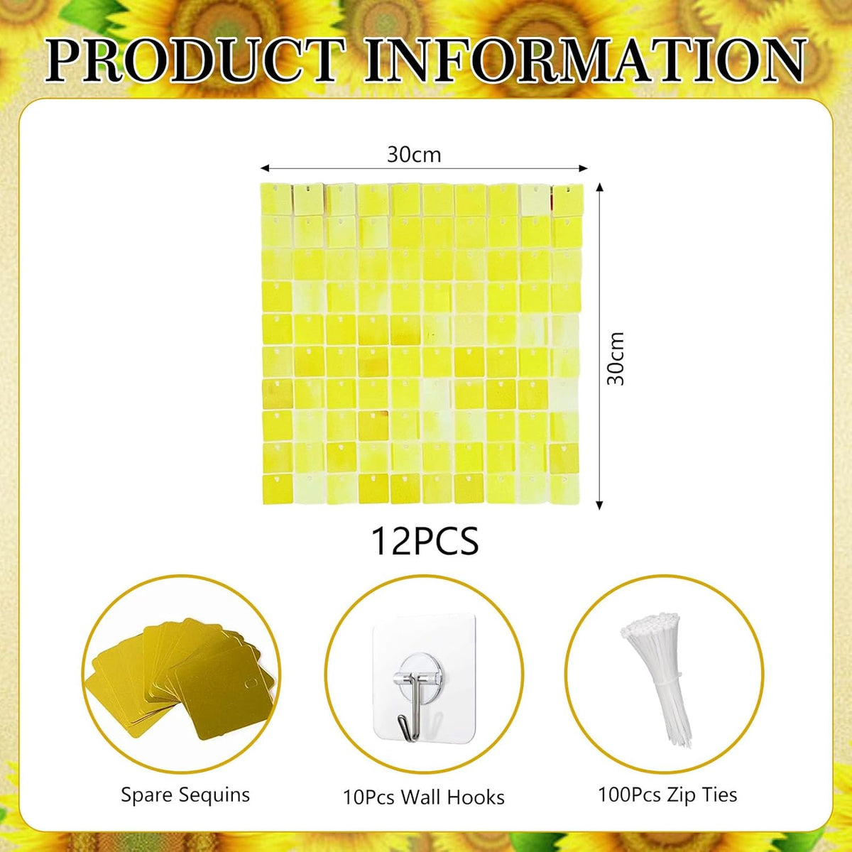 12PCS Colorful Yellow Shimmer Wall Backdrop, Square Sequin Photo Backdrops Panel, Glitter Wall