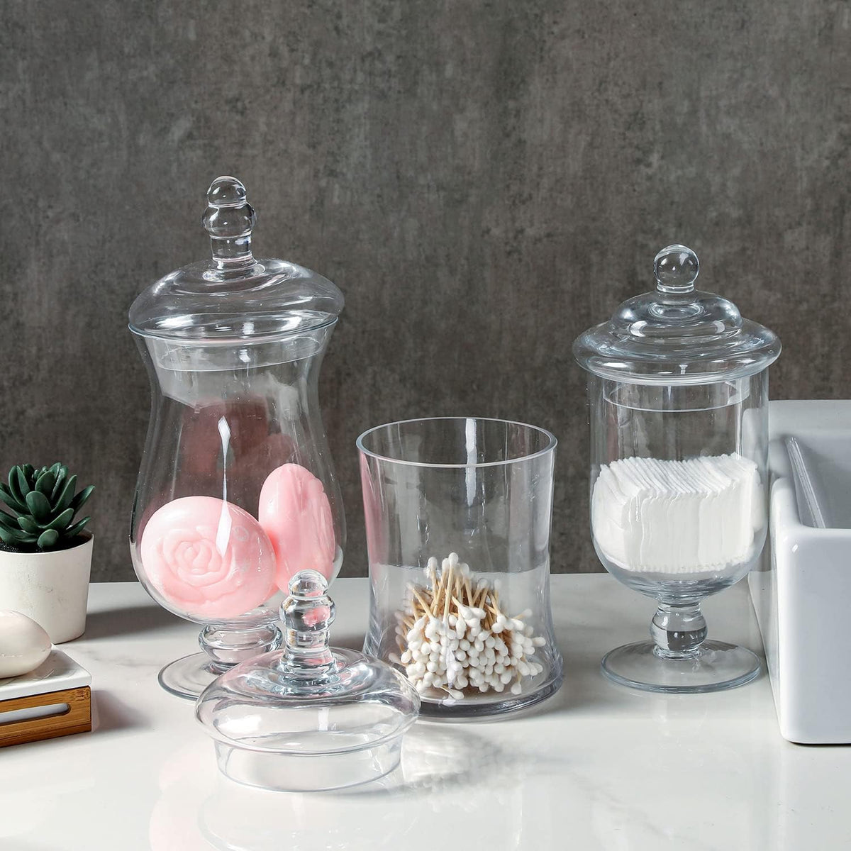 MyGift Clear Glass Apothecary Jars with Lid, Decorative Footed Vase, Candy Buffet Containers, Set
