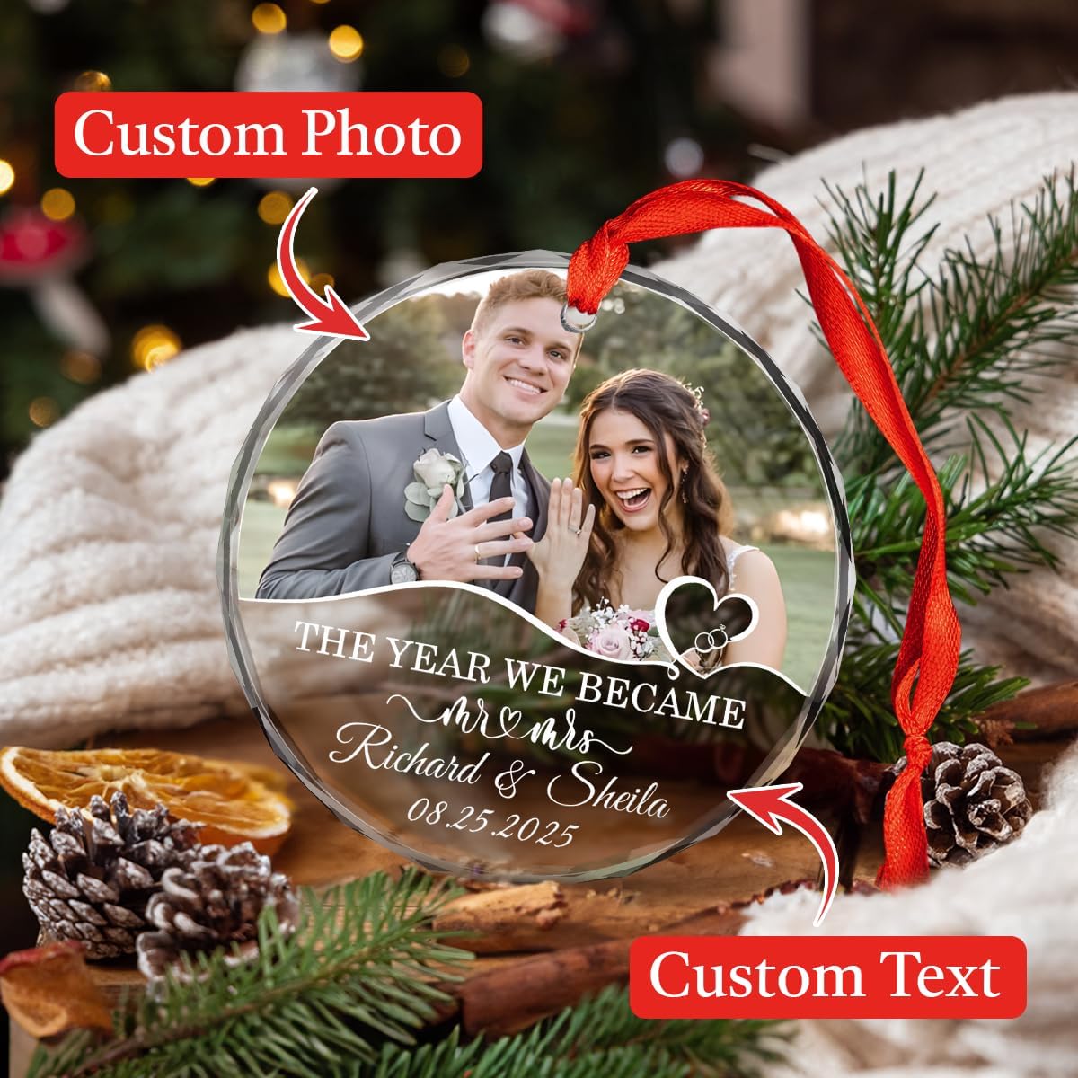 Personalized Christmas Ornaments with Names, Couple Glass Ornament, Custom Wedding Gifts for