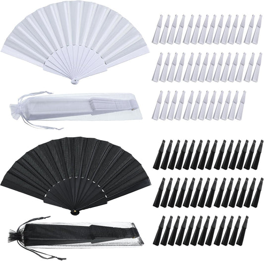 Wenqik 80 Pcs Wedding Folding Hand Fans Bulk Silk Fabric Chinese Handheld Foldable Clack Fans with