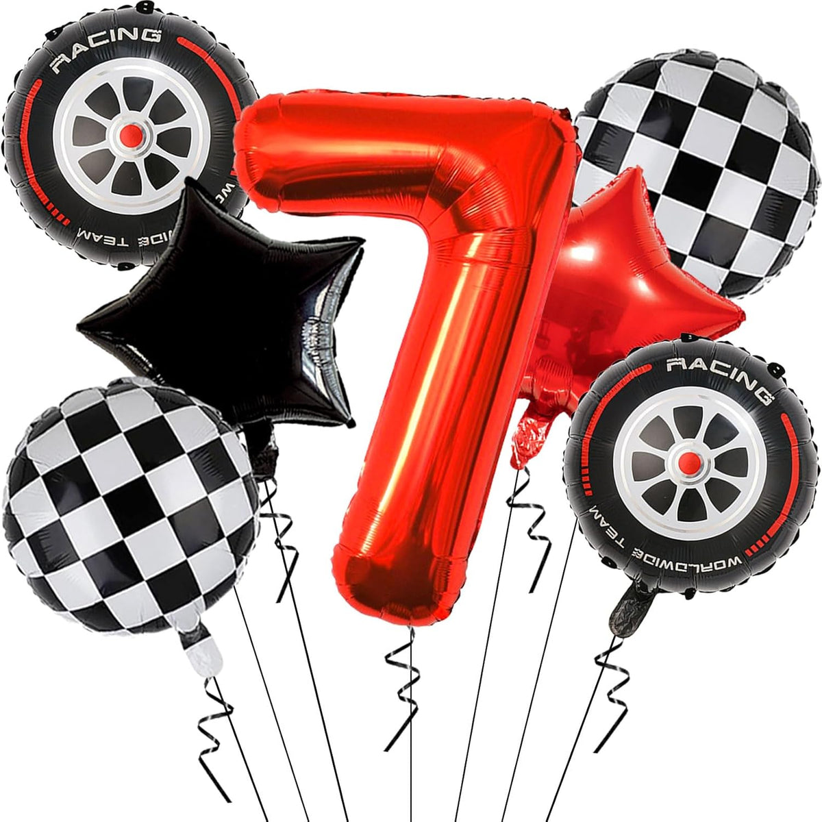 Race Car Birthday Party Decorations - 40 Inch Mylar Red Number 7 Balloons - Black Foil Checkered
