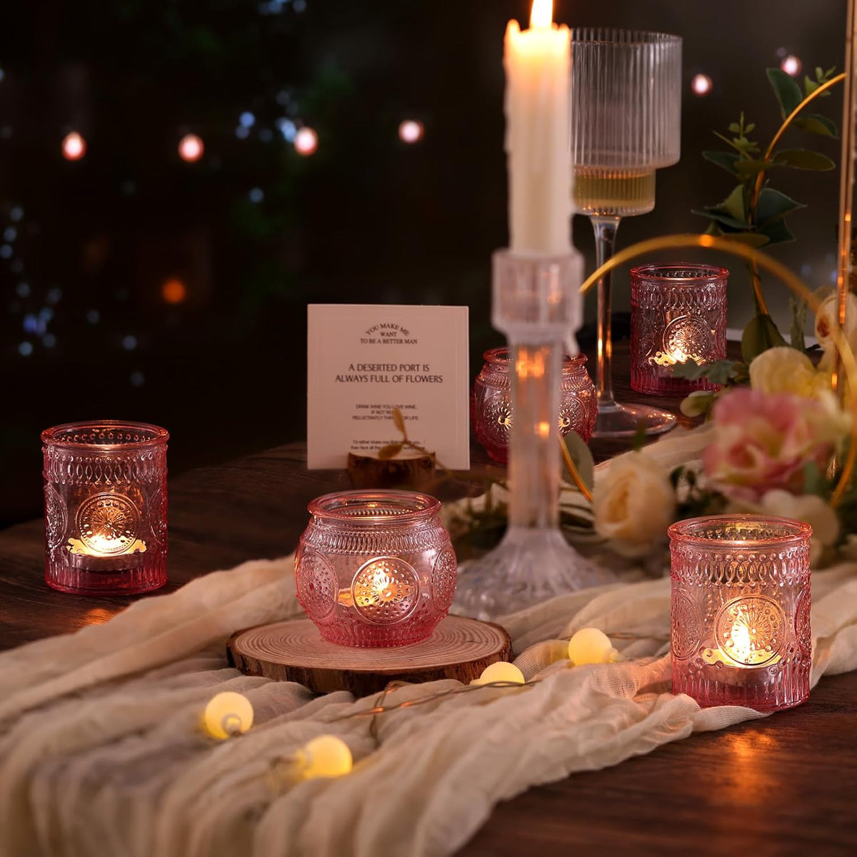 DARJEN 24Pcs Pink Votive Candle Holders- Glass Candle Holders Bulk for Flameless LED Tea Waxes