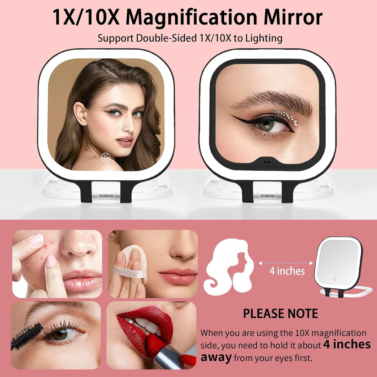 DESCHEN Rechargeable Travel Makeup Vanity Mirror with Lights and Magnification, Portable 1X/10X
