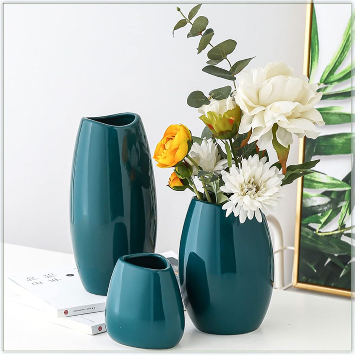 hjn Ceramic Vase Set of 3 Teal Flower Vase for Home Decor, Modern Decorative Vase for Flowers Vases