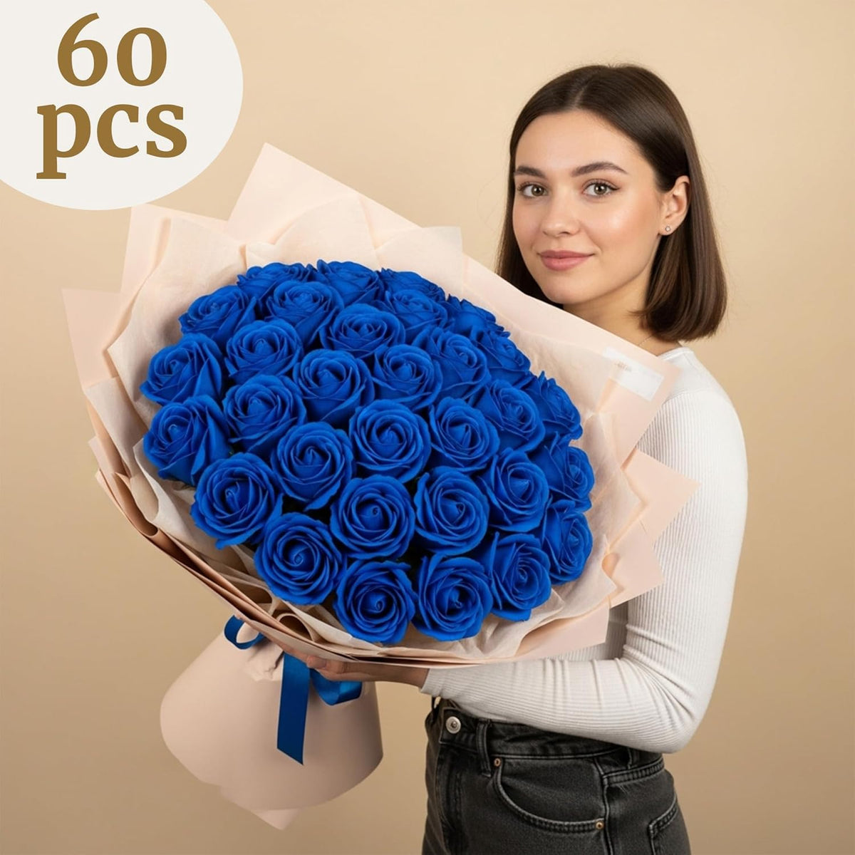 Auihiay 60PCS Fake Blue Roses, Artificial Blue Flowers, Silk Faux Rose with Long Stems for Wedding