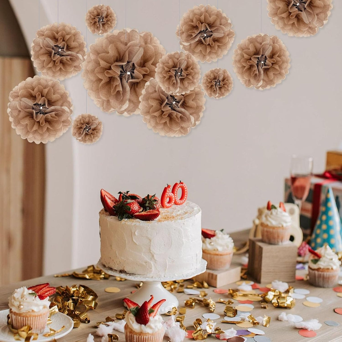 Tissue Paper Pom Poms, Brown Tissue Paper Flowers, Hanging Flower Balls for Weddings Fiesta Parties