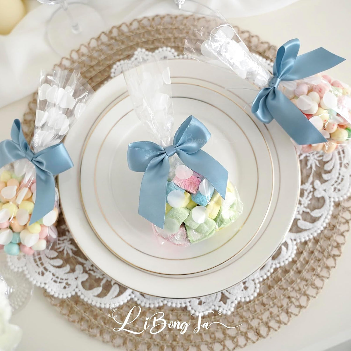 3.5" Dusty Blue Bow Satin Pre-Tied Bows for Gift Wrapping, Small Bows for Crafts, Premade Bows
