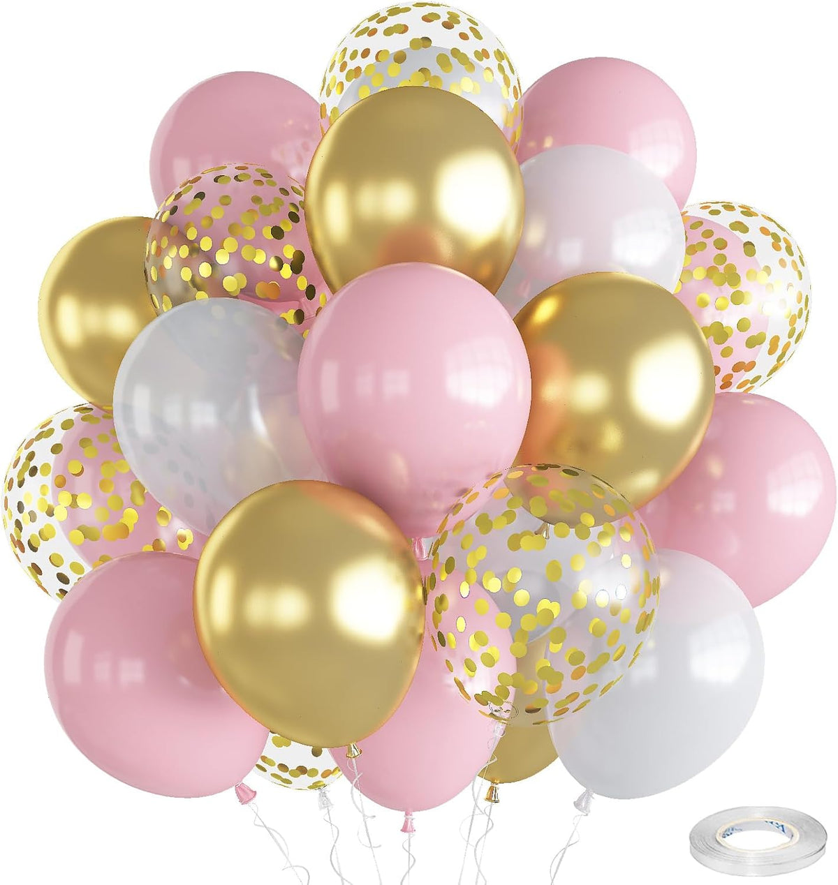 Balloons Pink White Gold, 12 Inch Pastel Pink Pearl White Metallic Chrome Gold Confetti Latex