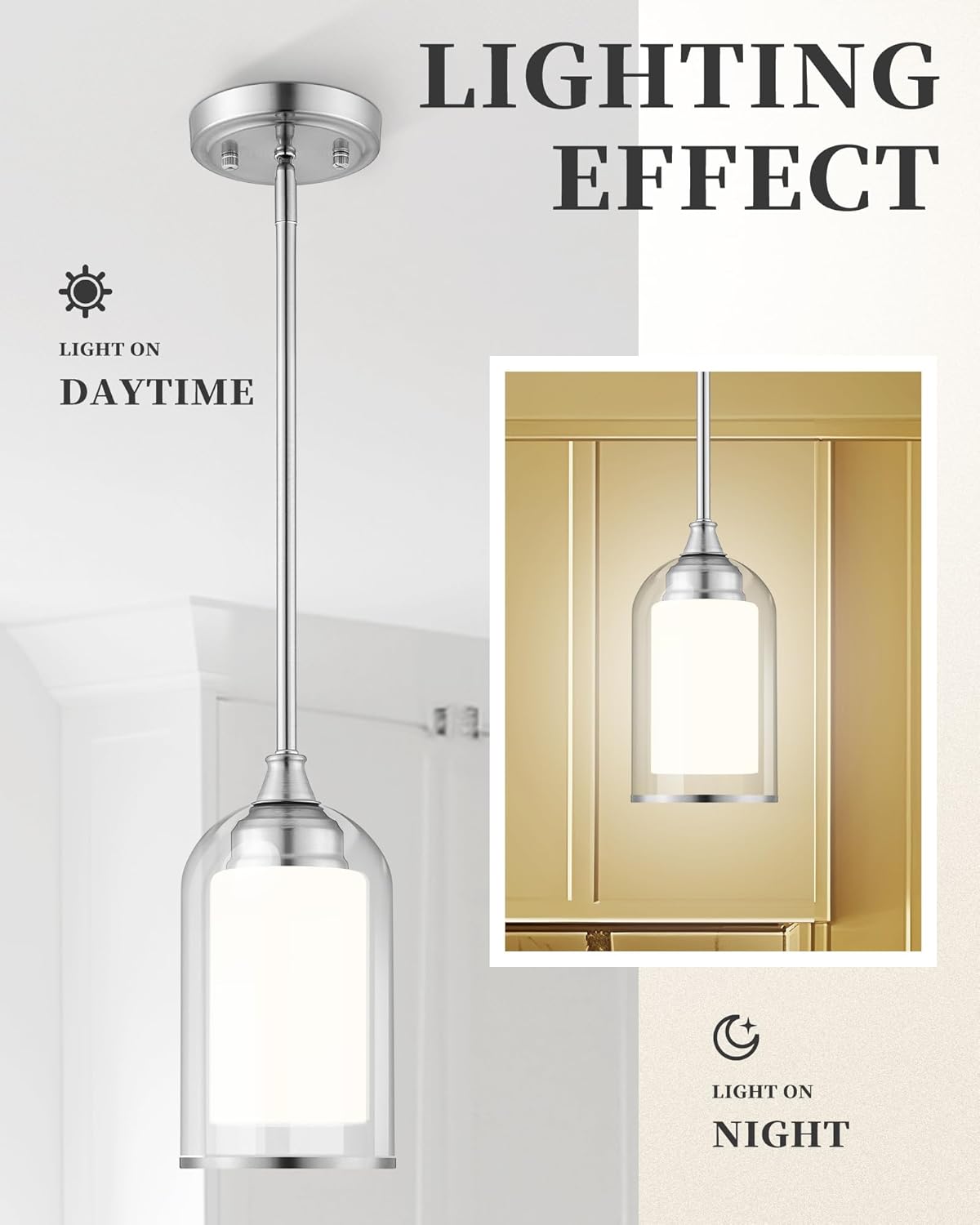 LIROUVET Modern Pendant Lights - Dual Glass Pendant Lights Kitchen Island, Brushed Nickel Hanging