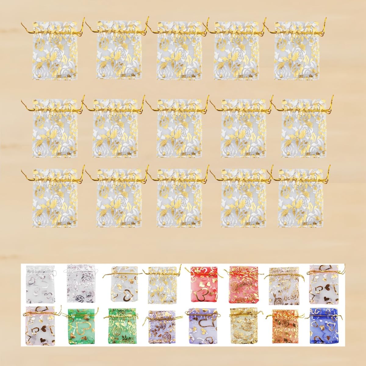 QIANHAILIZZ 100 Pack 2.8 x 3.5 Inch Flower Heart Organza Jewelry Gift Pouch Candy Pouch Drawstring