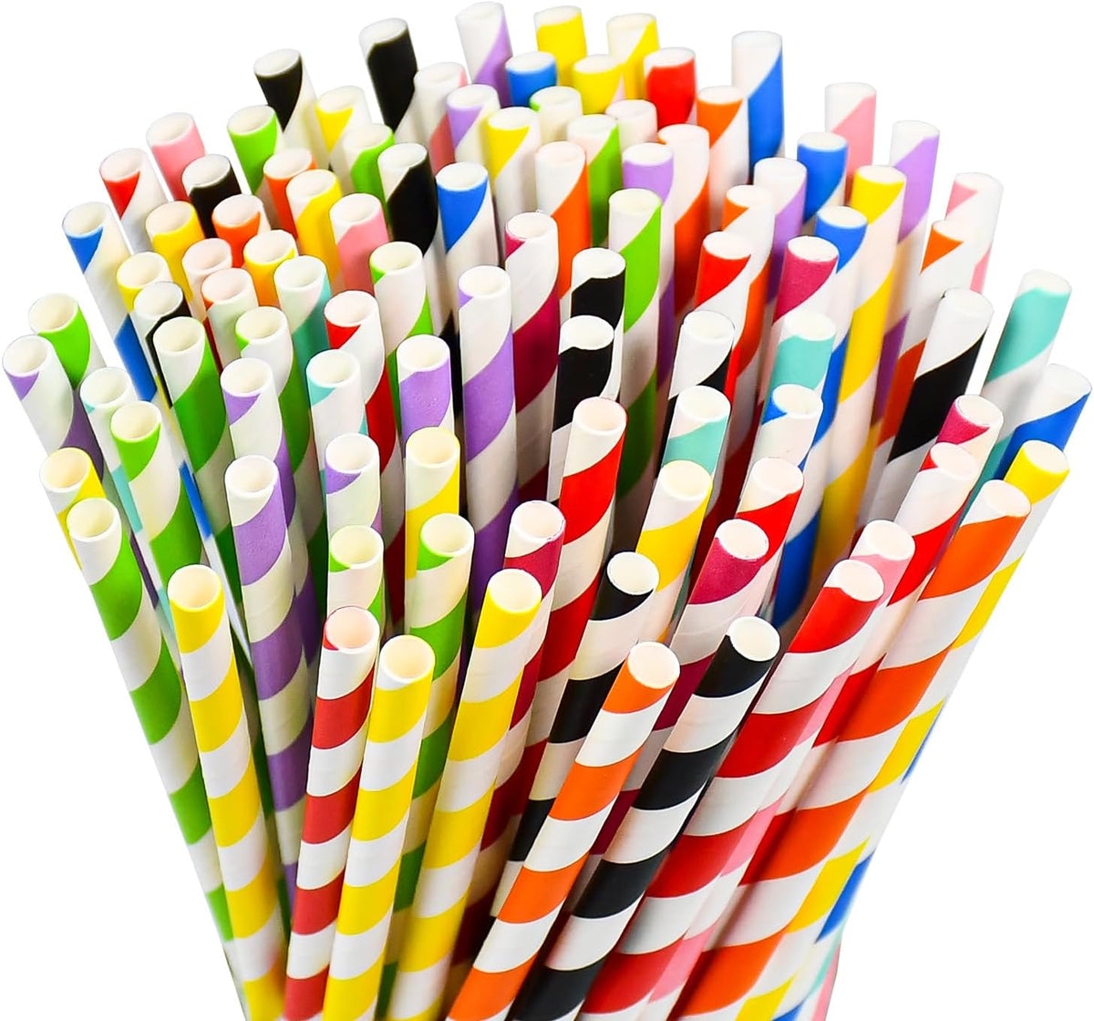 [100 Counts] 7.75 Inch Colorful Striped Disposable Paper Drinking Straws, 10 Assorted Colors