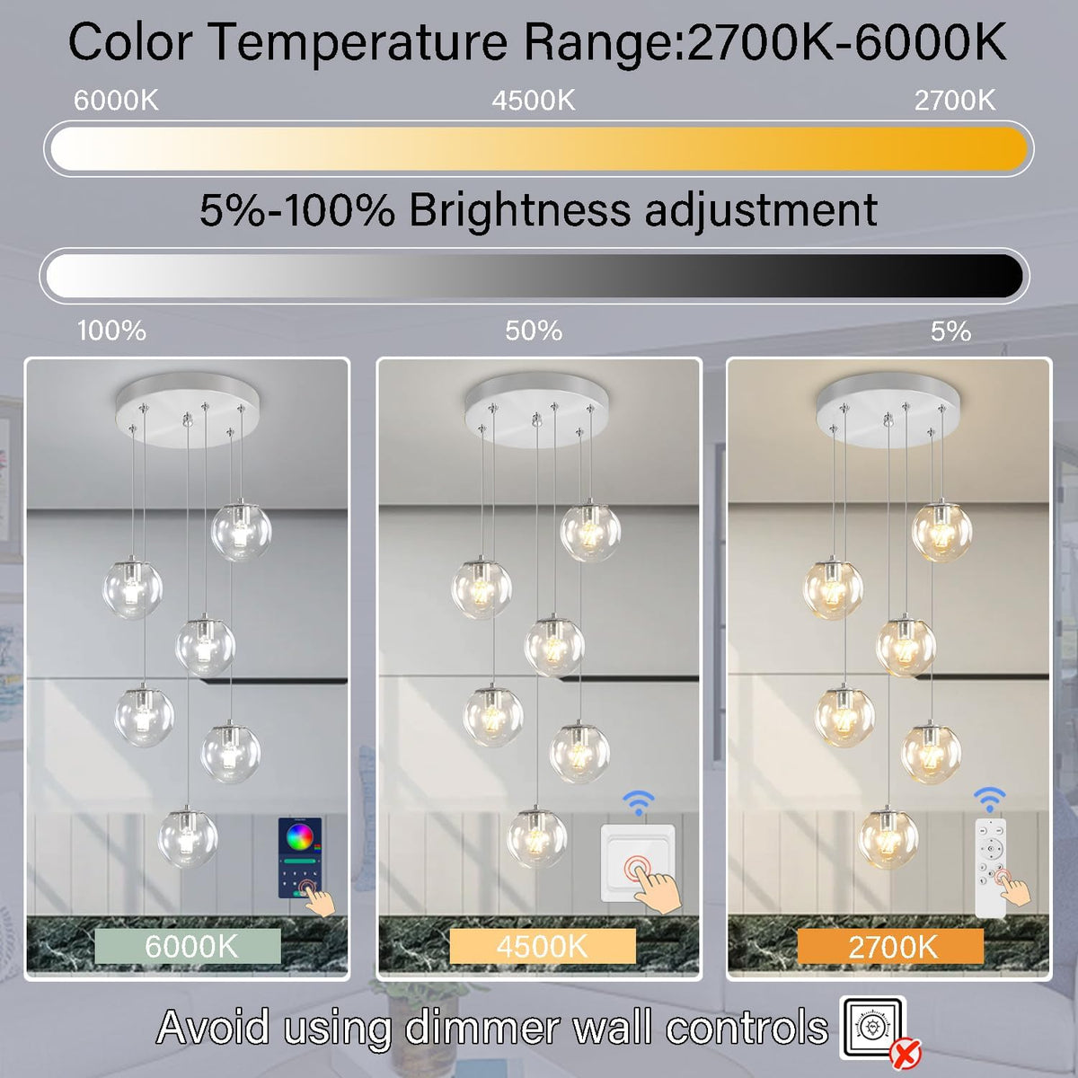H 87in Modern Glass Globe Chandelier 6-Lights Glass Pendant Light for Staircase Silver Globe