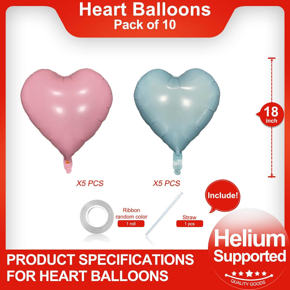 Pink Heart Shaped balloons Pack of 10,18 Inch Love Valentine Balloons Blue Heart Romantic Balloons