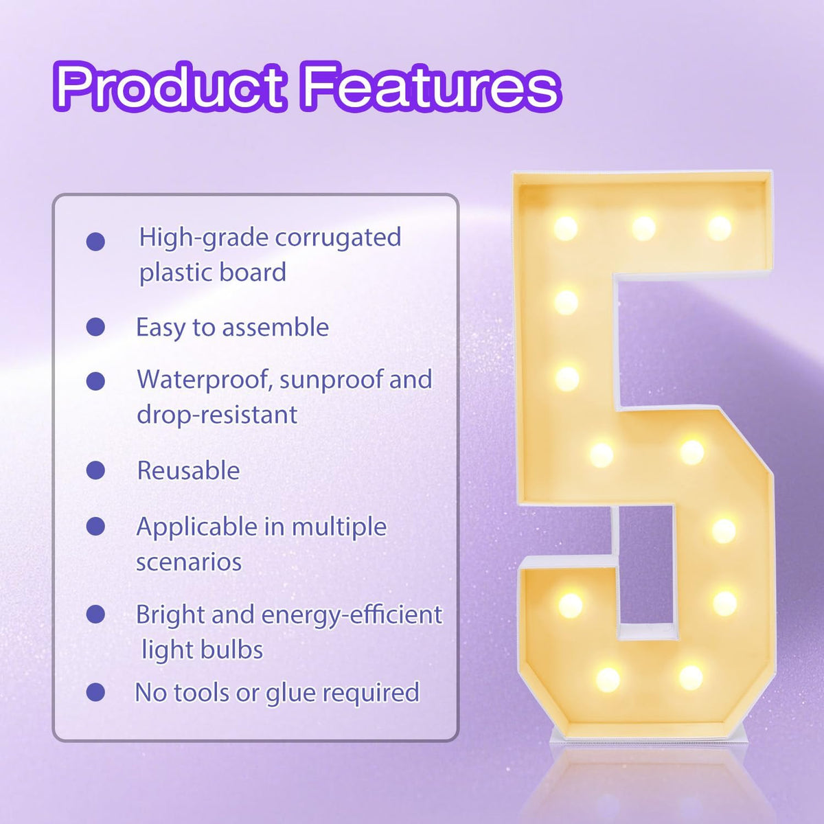 4FT Plastic Marquee Numbers 5 - Light up Numbers Are Made from Corrugated Plastic Board - Quick