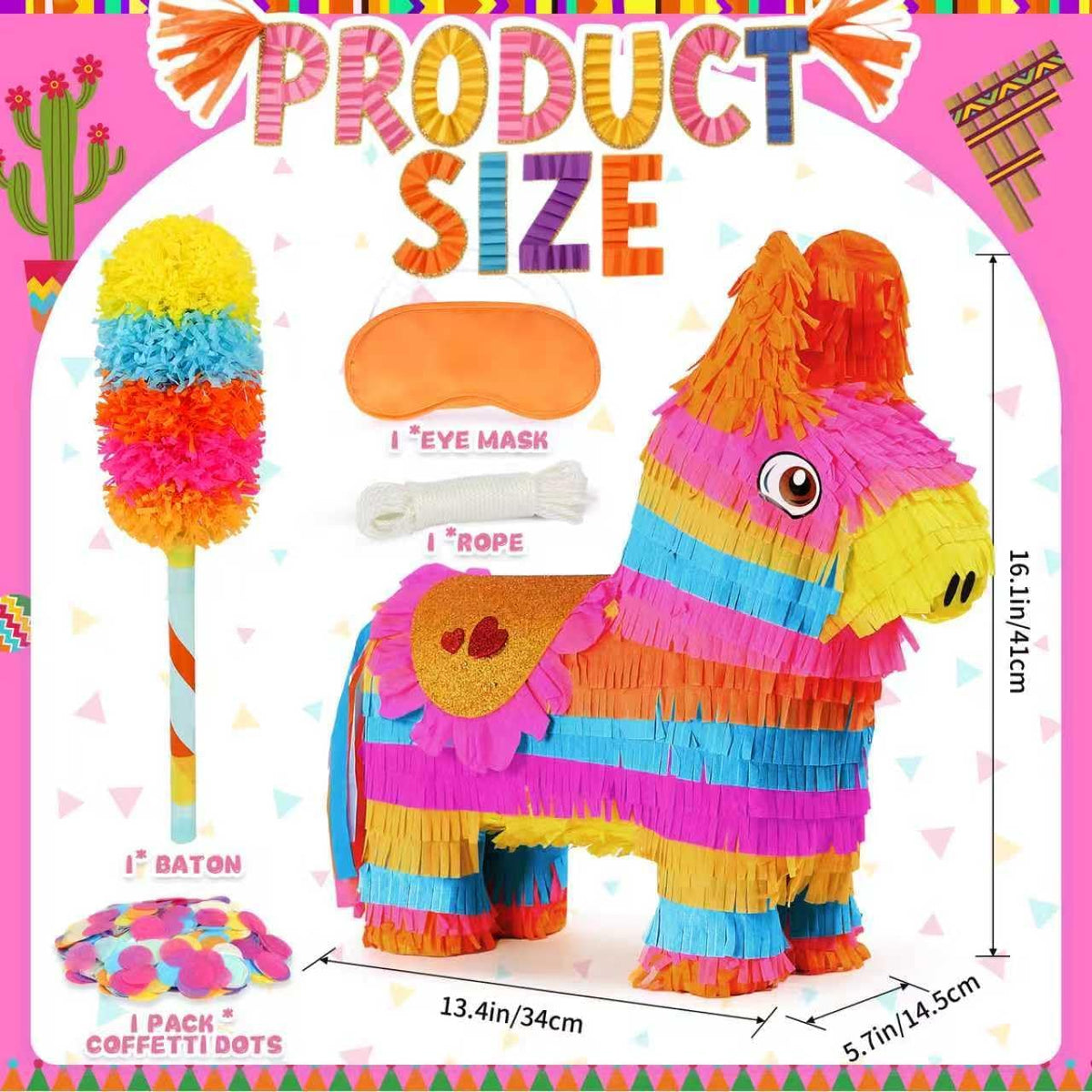 Cinco De Mayo Donkey Pinata with 24" Stick and Rope | Large Rainbow Piñata Decorations for Birthday