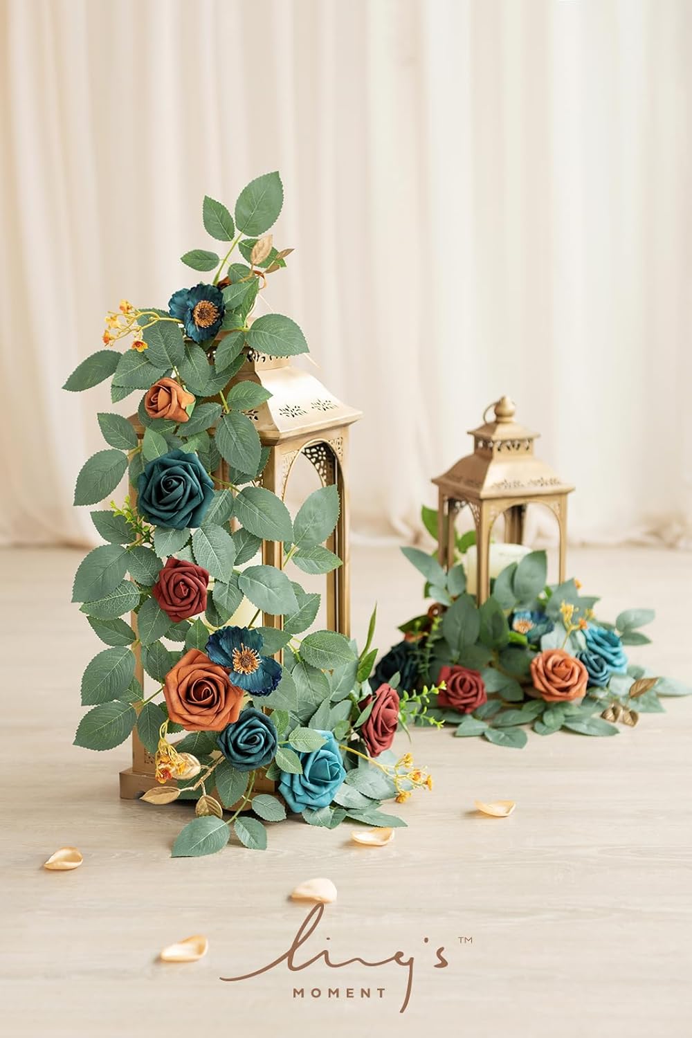 Ling's moment 2Pack 2ft Artificial Flowers Garland Teal Blue & Terracotta Lantern Flower