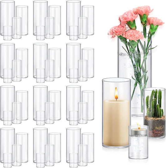48 Pack Glass Cylinder Vases 4,6,8,10 Inch Tall Clear Flower Vase Hurricane Floating Candle Holder