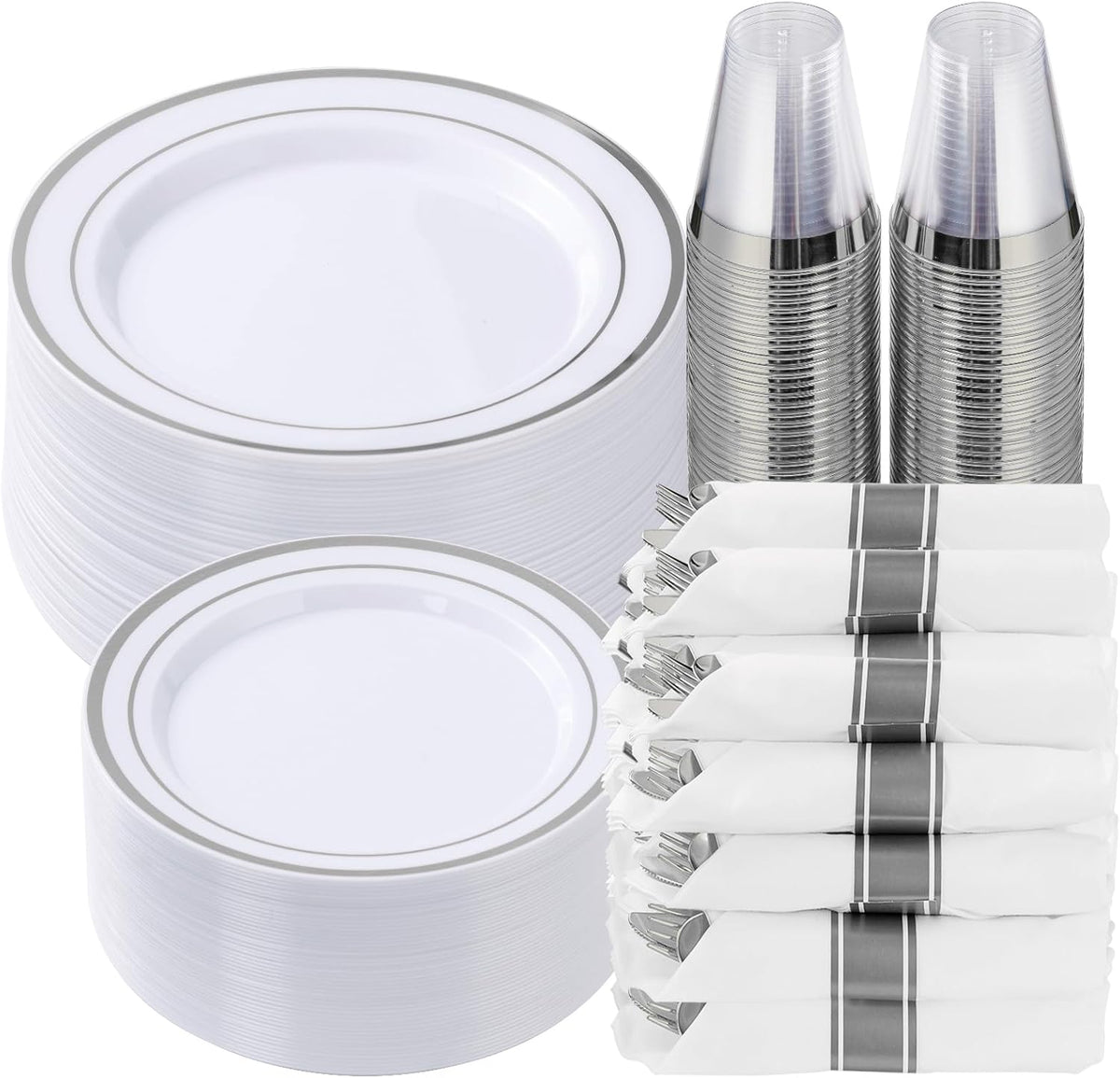 Goodluck 350 Piece Silver Plastic Dinnerware Set for 50 Guests, Fancy Disposable Plates for Party