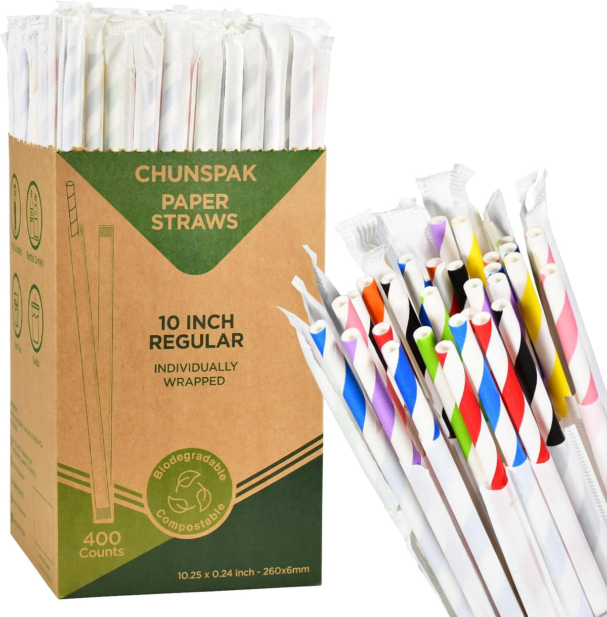 10.25 Inch Long Disposable Paper Straws Biodegradable Individually Wrapped, 0.24" Dia. (Colorful
