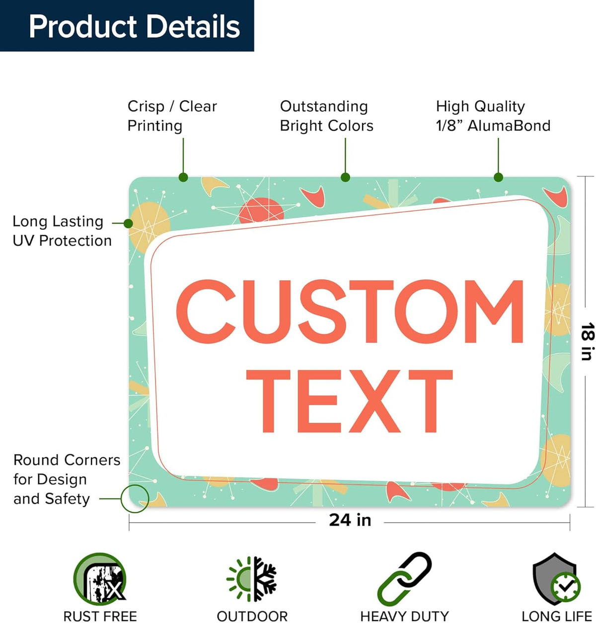 Custom Sign, Custom Street Sign, 11 Font Colors, 13 Font Styles, 4 Hole Options, 22 Sizes, 18x24