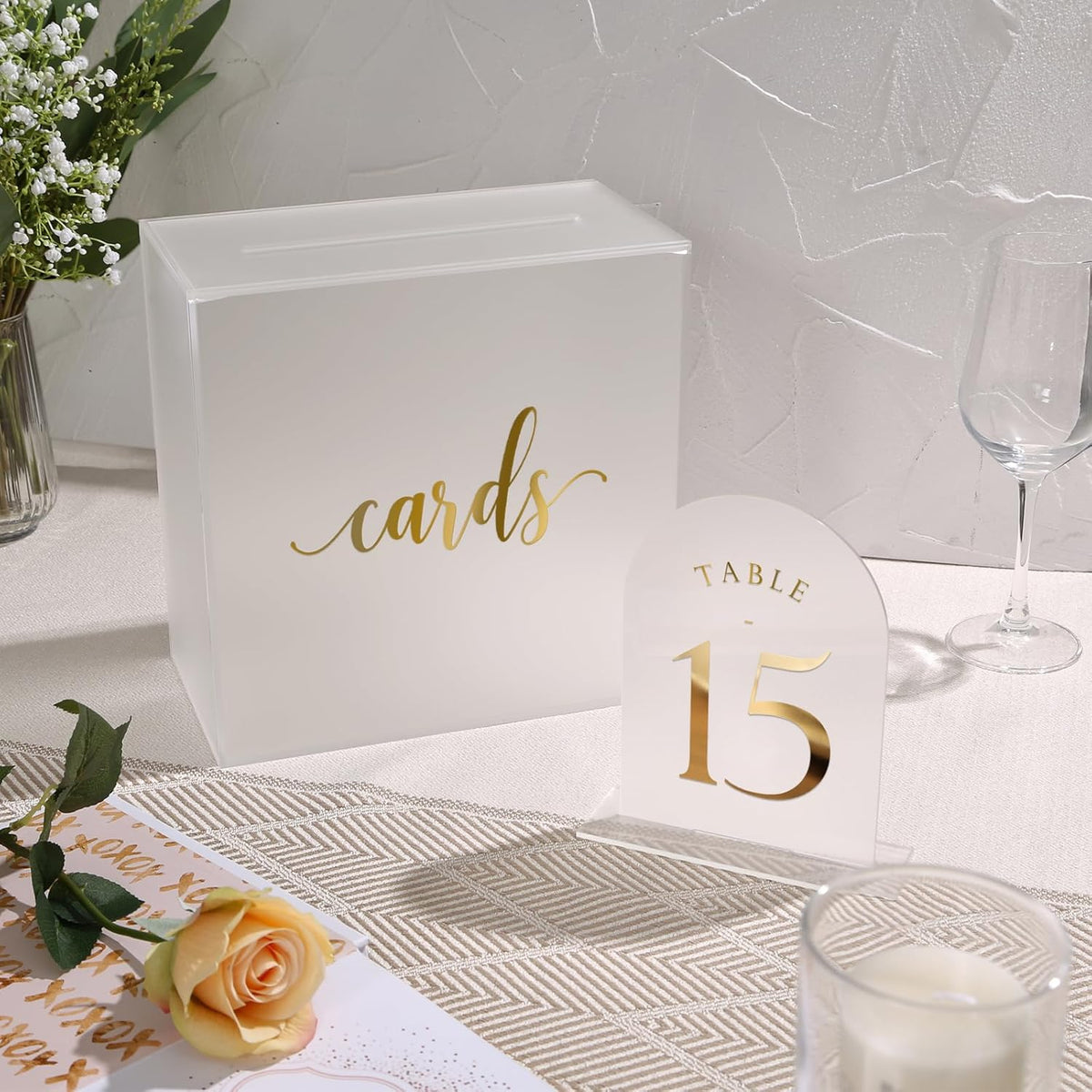 UNIQOOO Frosted Arch Wedding Table Numbers 1-15 w/Stands, Gold Foil Printed 5x7 Acrylic Display