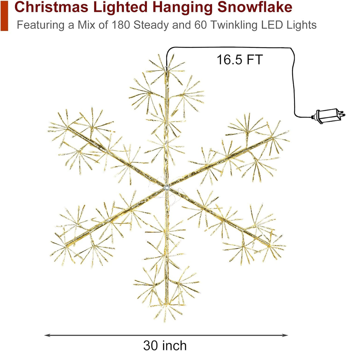30’’ Christmas Snowflake Lights Outdoor, Pre-lit 240Pcs Warm White LEDs Hanging Golden Snowflake