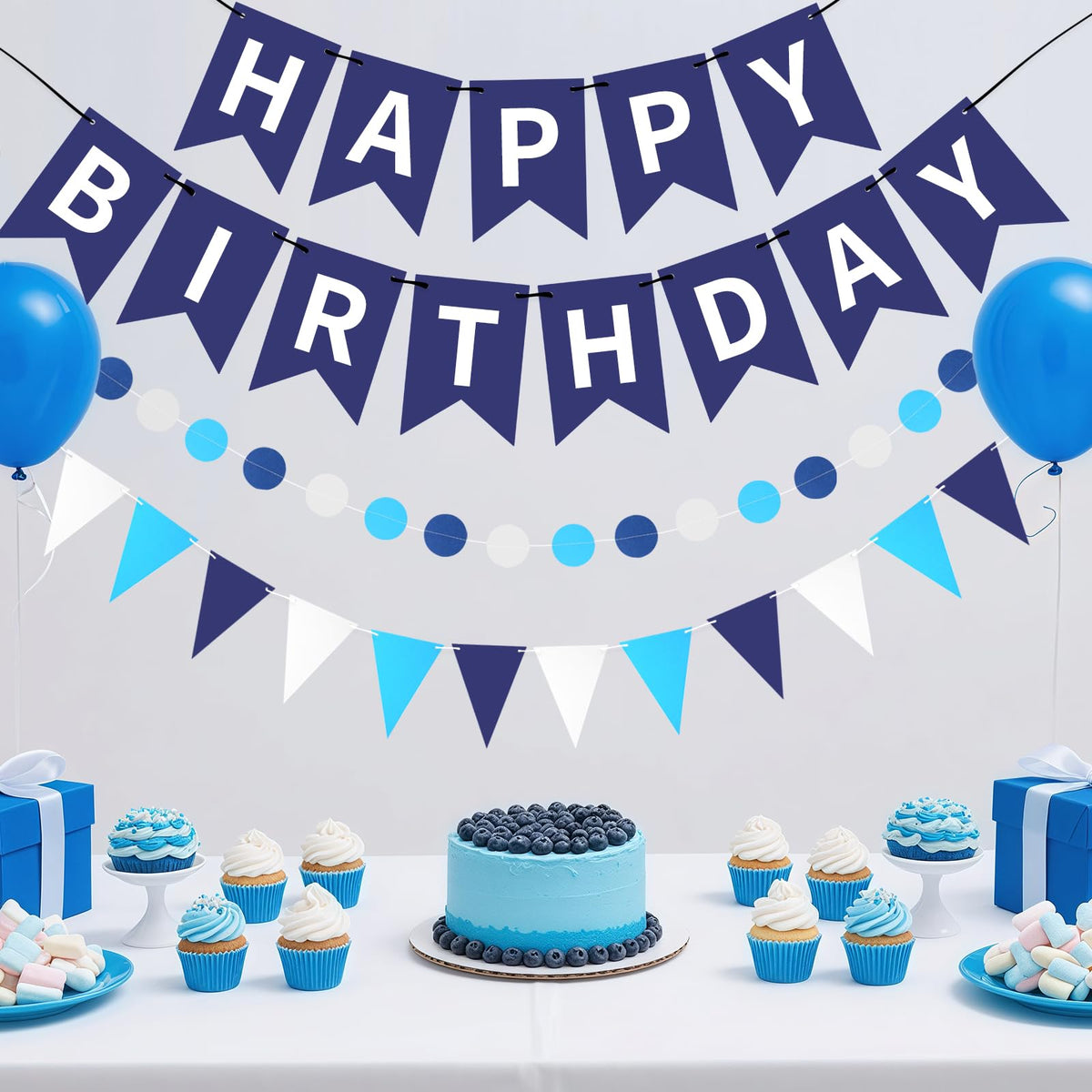 Blue Happy Birthday Banner, Happy Birthday Decorations Hanging Birthday Sign Circle Dot Triangle